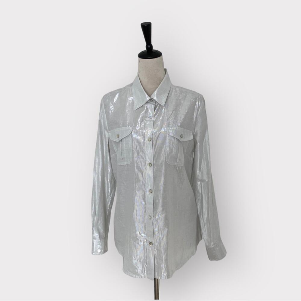 Ruby Rd Button Up Classic Shirt Metallic Silver White